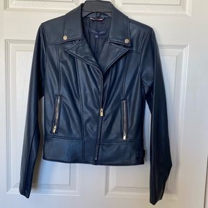 NWT XS Tommy Hilfiger Blue Black Moto Leather Jacket